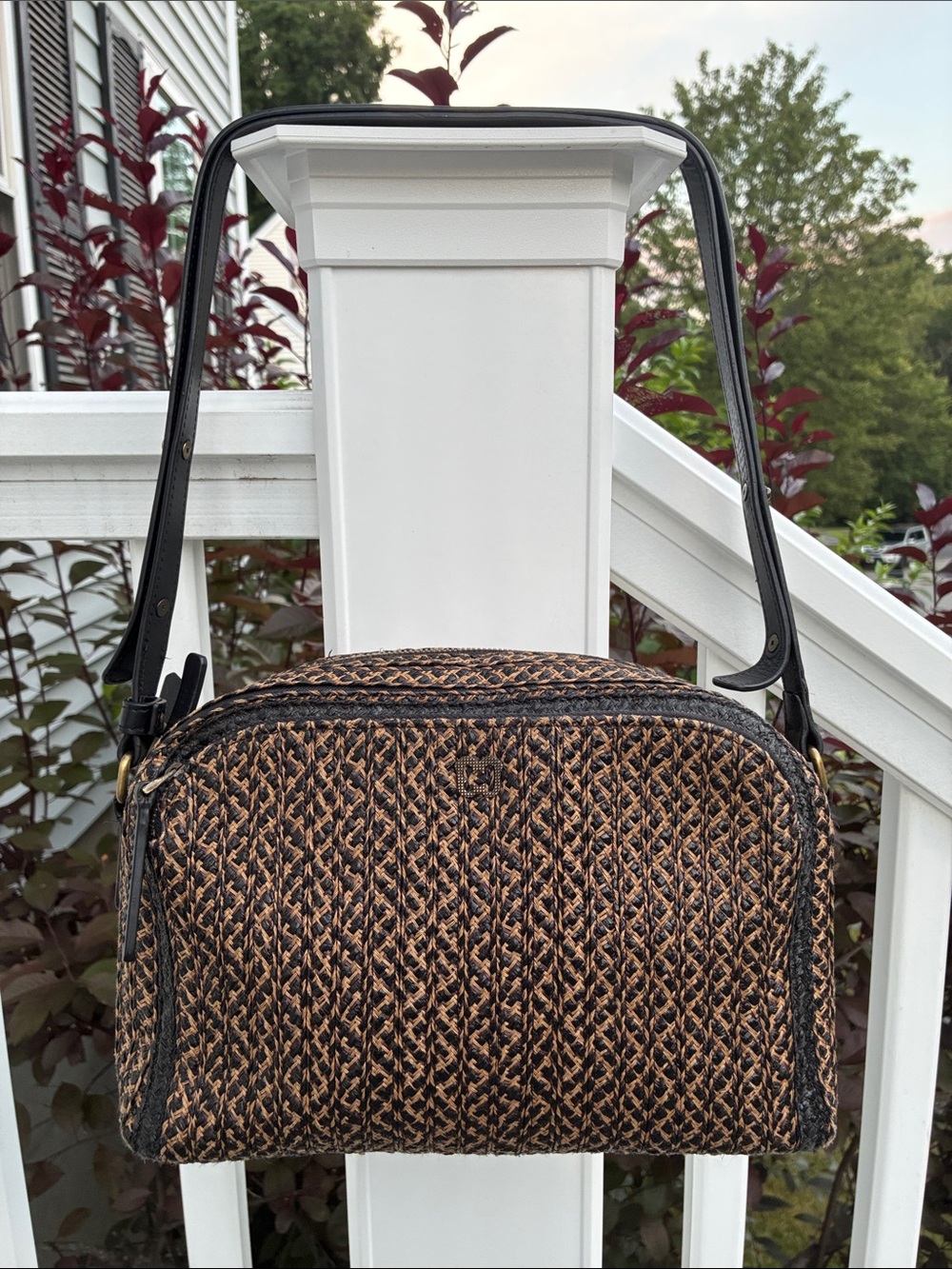 Eric Javits Leather Trim Straw Shoulder or Crossbody Bag Brown & Black
